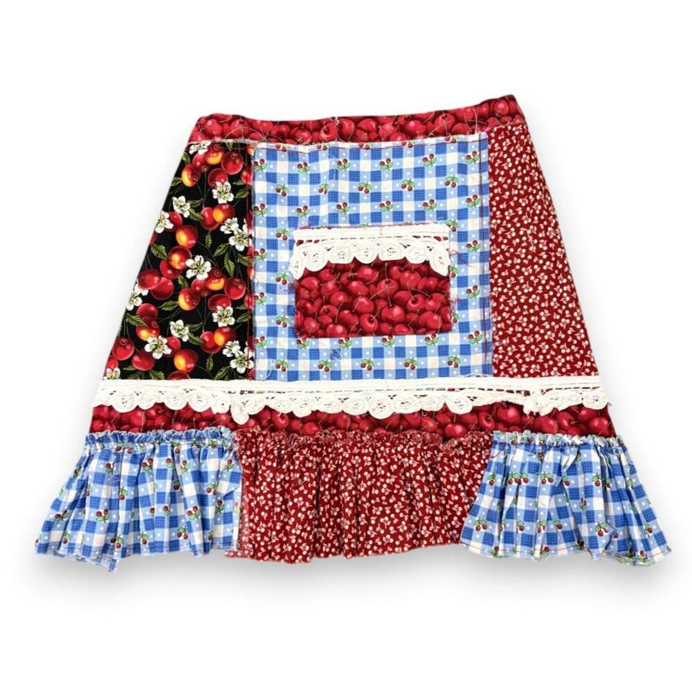 Handmade Upcycled Half-Apron Cherry Pattern Country Farmhouse